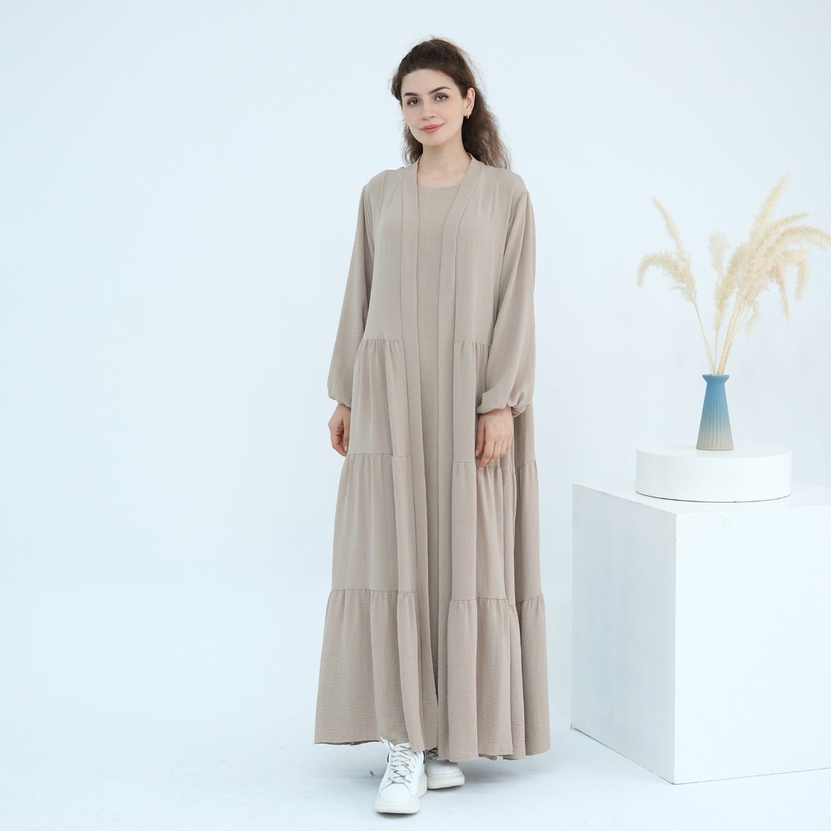 Solid Color Puff Sleeve Layered Maxi Dress Robe Dress Two - Piece Set. (MOA165) - Mariam's Collection