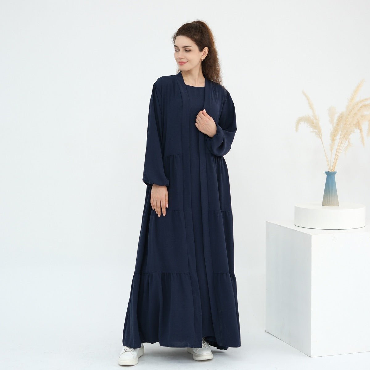Solid Color Puff Sleeve Layered Maxi Dress Robe Dress Two - Piece Set. (MOA165) - Mariam's Collection