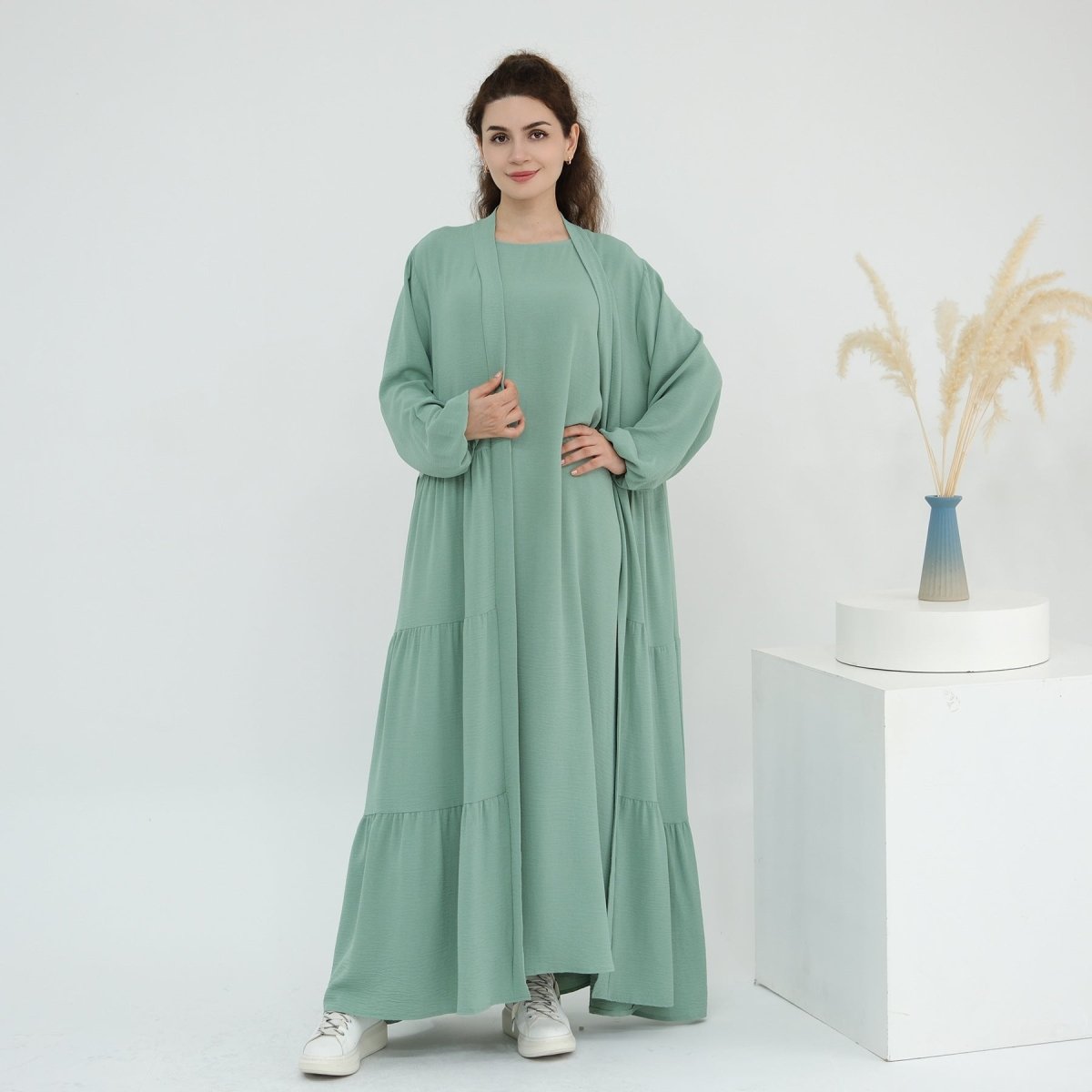 Solid Color Puff Sleeve Layered Maxi Dress Robe Dress Two - Piece Set. (MOA165) - Mariam's Collection