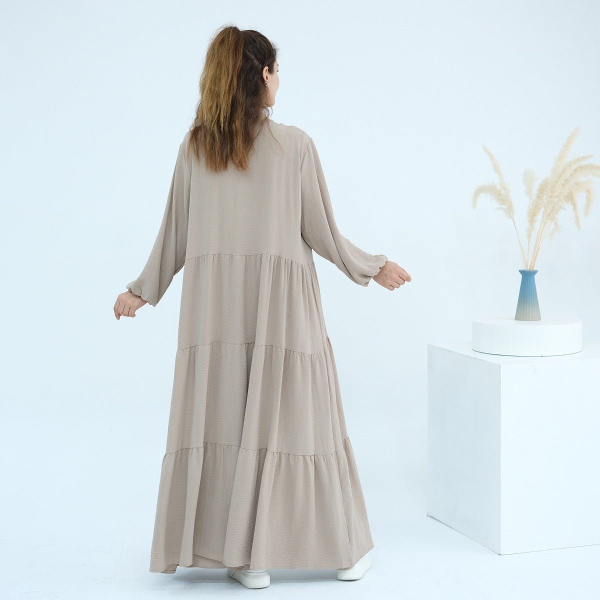 Solid Color Puff Sleeve Layered Maxi Dress Robe Dress Two - Piece Set. (MOA165) - Mariam's Collection