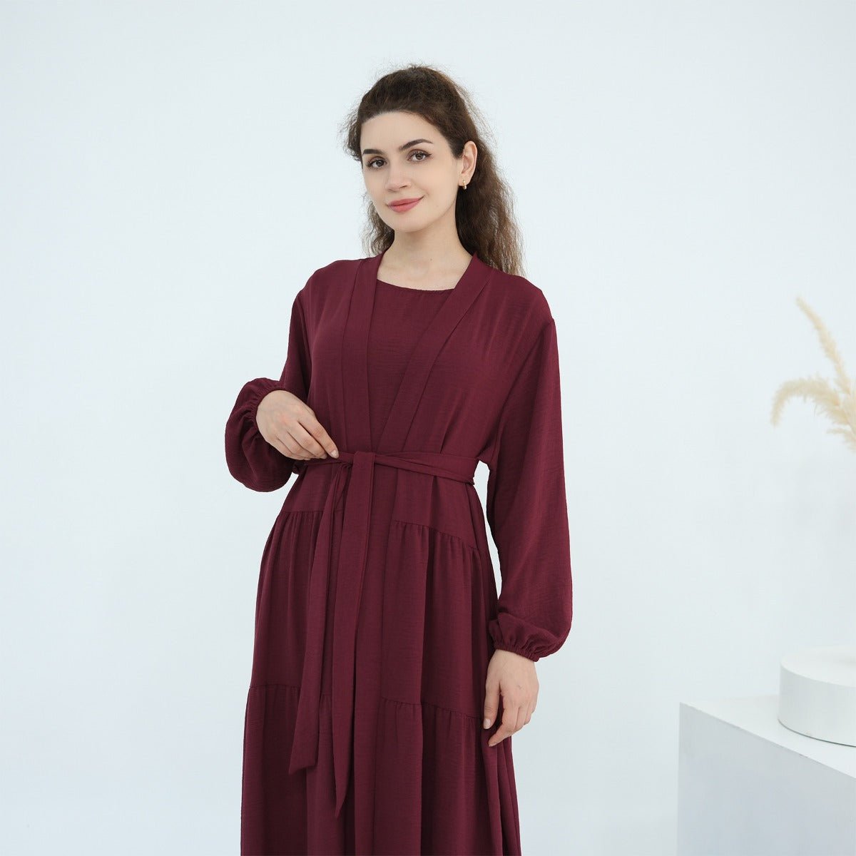 Solid Color Puff Sleeve Layered Maxi Dress Robe Dress Two - Piece Set. (MOA165) - Mariam's Collection