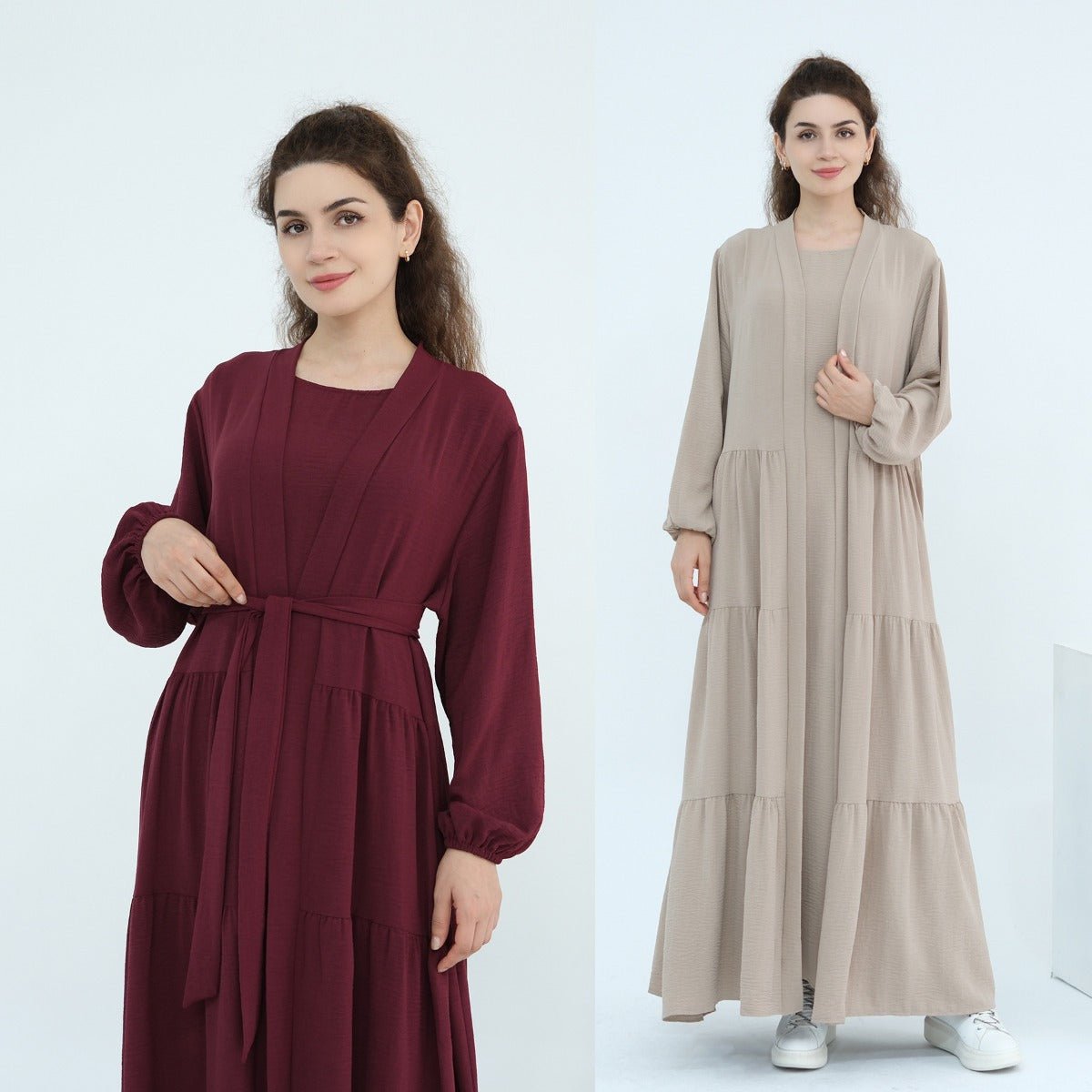Solid Color Puff Sleeve Layered Maxi Dress Robe Dress Two - Piece Set. (MOA165) - Mariam's Collection