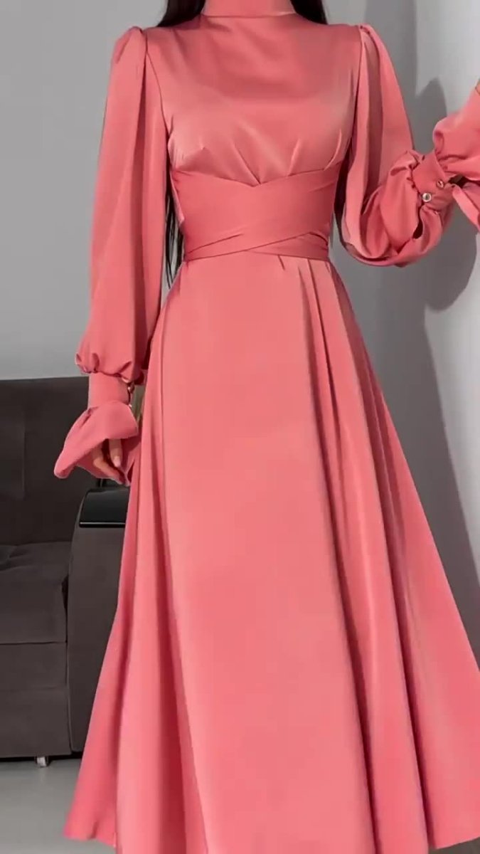 Solid Color Puff Sleeve Long Sleeve Waist - Defining Elegant Dress. (MA164) - Mariam's Collection