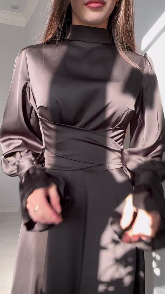 Solid Color Puff Sleeve Long Sleeve Waist - Defining Elegant Dress. (MA164) - Mariam's Collection