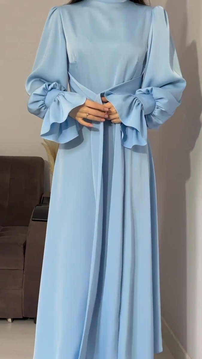 Solid Color Puff Sleeve Long Sleeve Waist - Defining Elegant Dress. (MA164) - Mariam's Collection