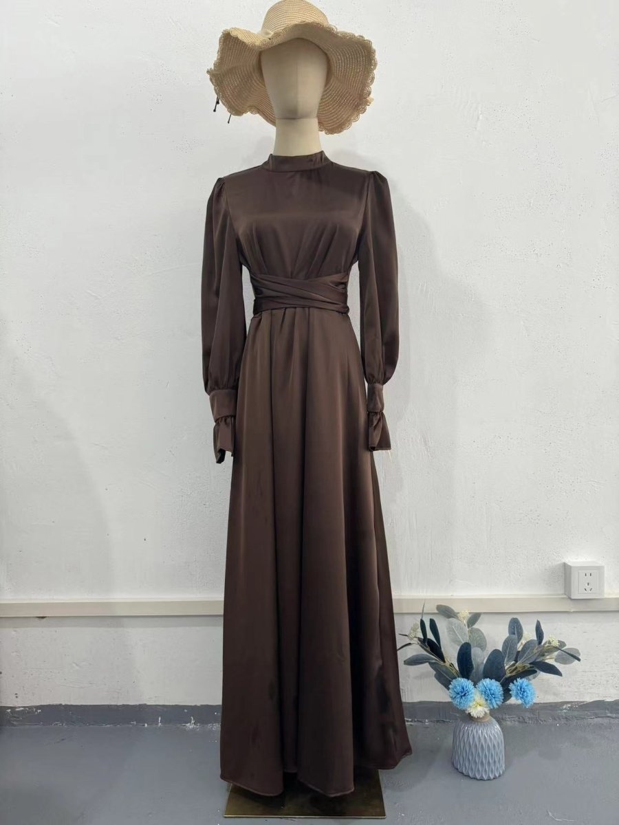 Solid Color Puff Sleeve Long Sleeve Waist - Defining Elegant Dress. (MA164) - Mariam's Collection