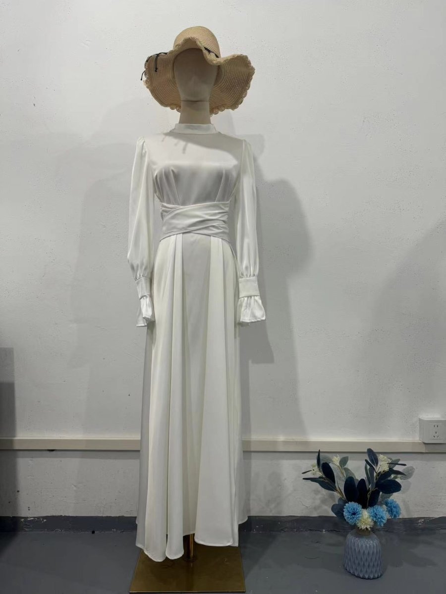 Solid Color Puff Sleeve Long Sleeve Waist - Defining Elegant Dress. (MA164) - Mariam's Collection