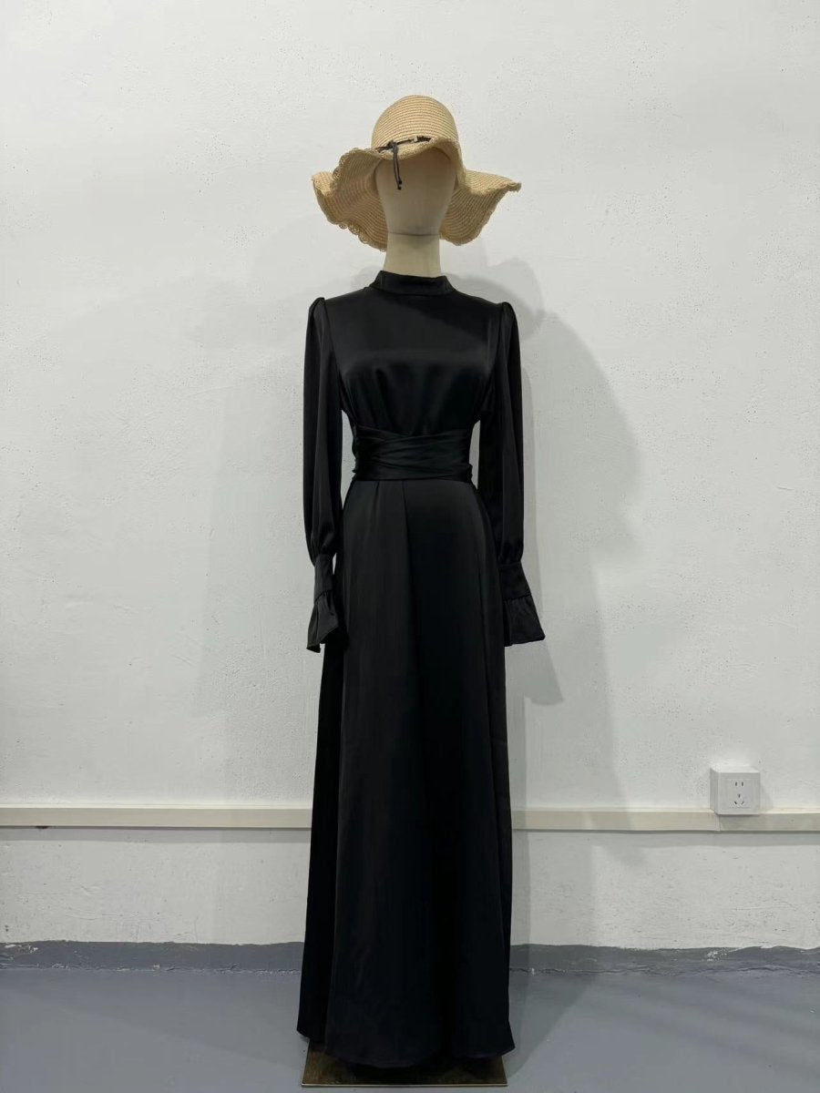 Solid Color Puff Sleeve Long Sleeve Waist - Defining Elegant Dress. (MA164) - Mariam's Collection