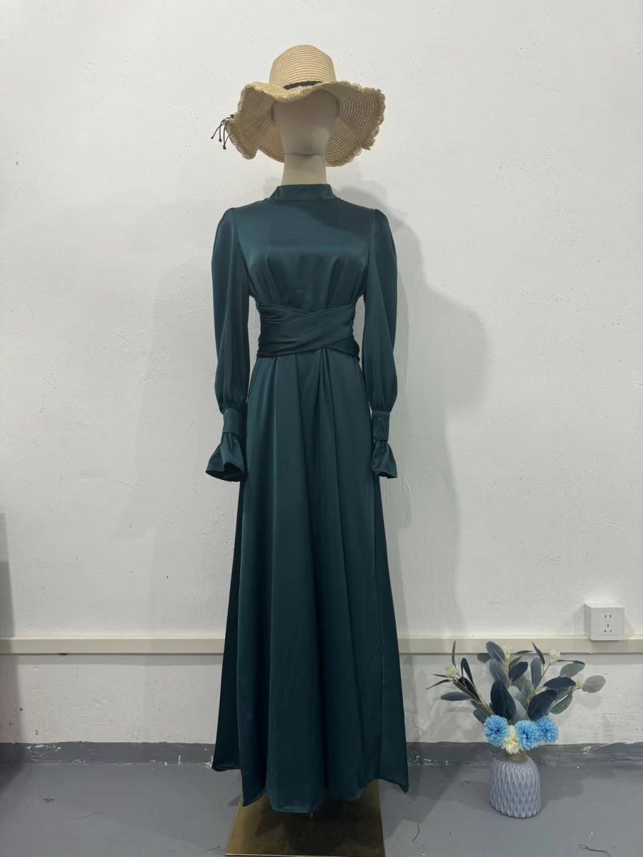 Solid Color Puff Sleeve Long Sleeve Waist - Defining Elegant Dress. (MA164) - Mariam's Collection