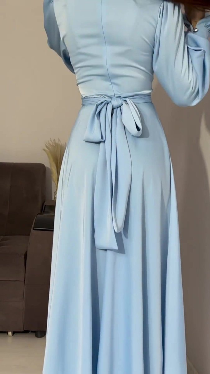 Solid Color Puff Sleeve Long Sleeve Waist - Defining Elegant Dress. (MA164) - Mariam's Collection