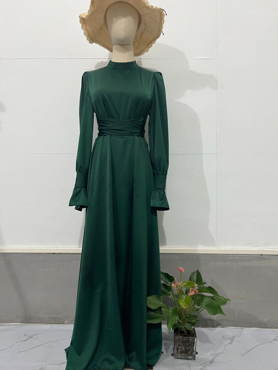 Solid Color Puff Sleeve Long Sleeve Waist - Defining Elegant Dress. (MA164) - Mariam's Collection