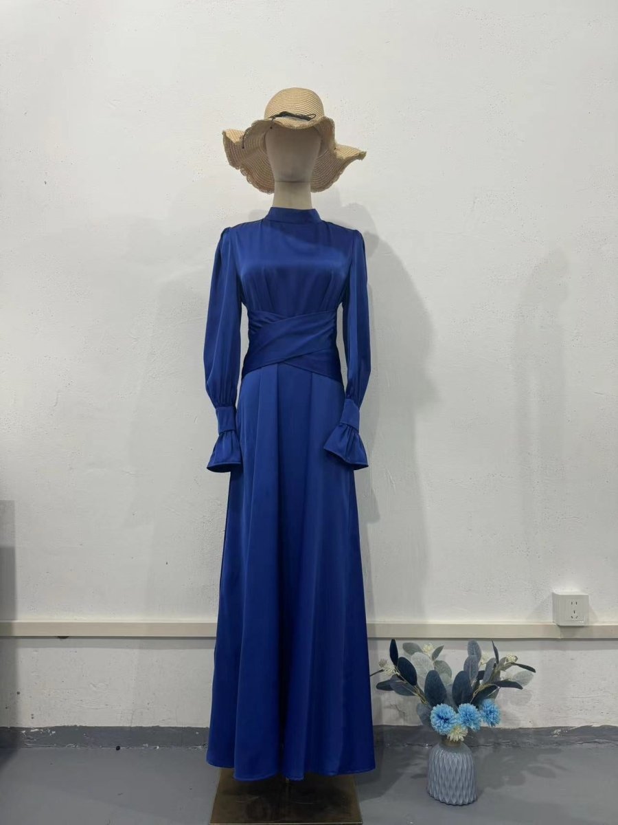 Solid Color Puff Sleeve Long Sleeve Waist - Defining Elegant Dress. (MA164) - Mariam's Collection