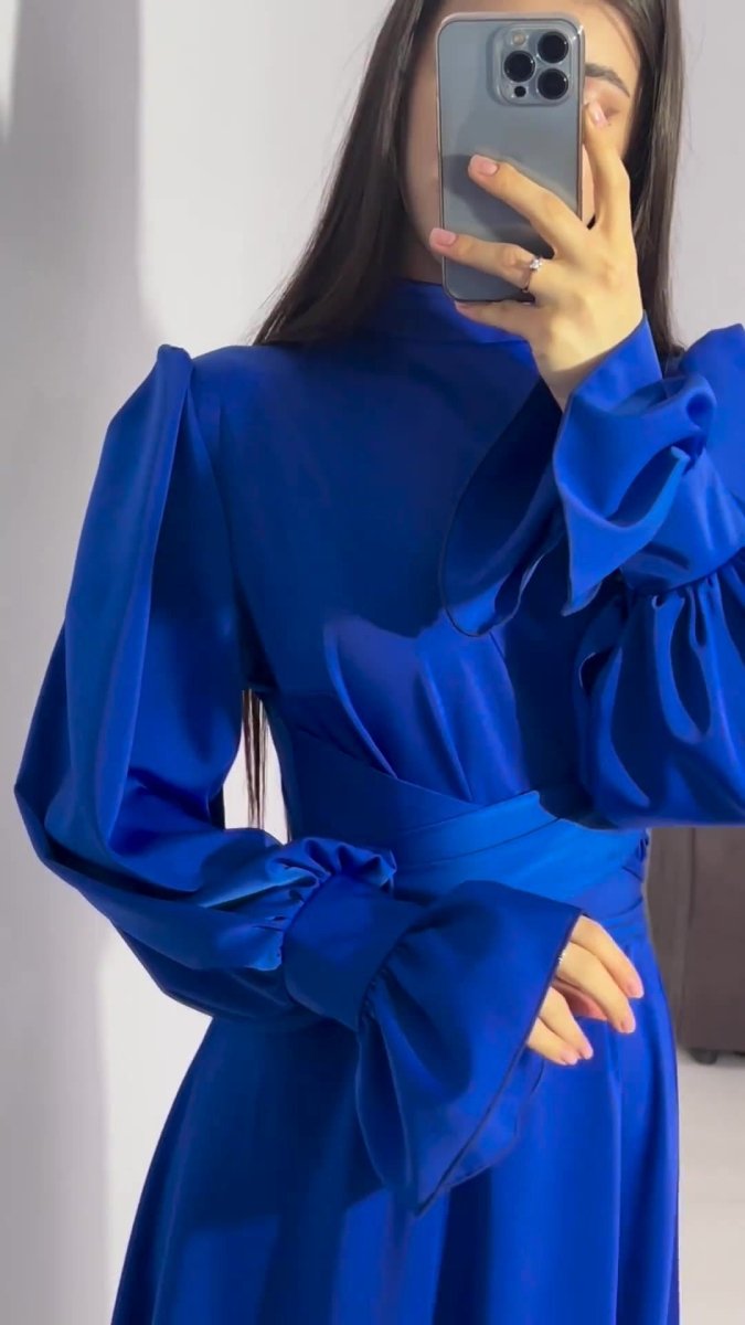 Solid Color Puff Sleeve Long Sleeve Waist - Defining Elegant Dress. (MA164) - Mariam's Collection