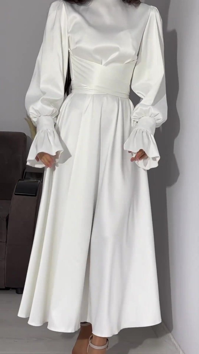 Solid Color Puff Sleeve Long Sleeve Waist - Defining Elegant Dress. (MA164) - Mariam's Collection