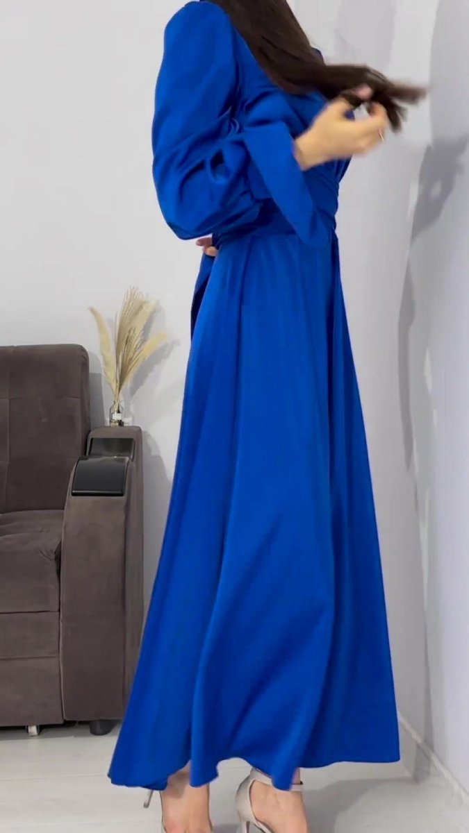 Solid Color Puff Sleeve Long Sleeve Waist - Defining Elegant Dress. (MA164) - Mariam's Collection