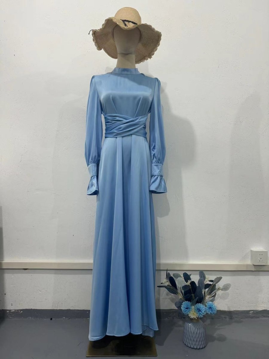 Solid Color Puff Sleeve Long Sleeve Waist - Defining Elegant Dress. (MA164) - Mariam's Collection