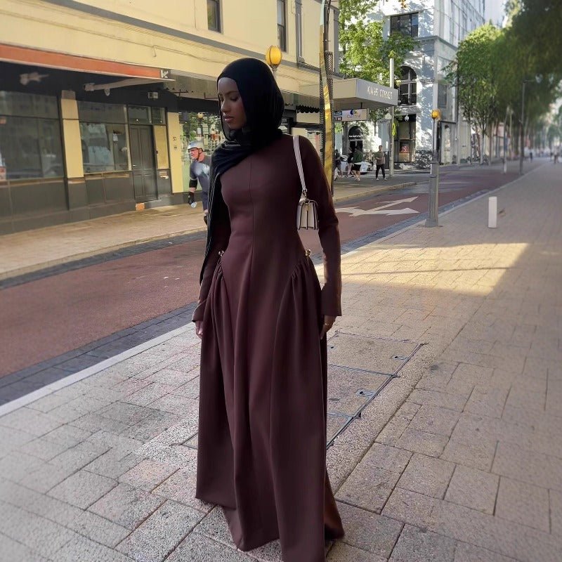 Solid Color Round Neck Maxi Dress | Pleated Waist Full Circle Skirt Long Sleeve Abaya(MA302) - Mariam's Collection