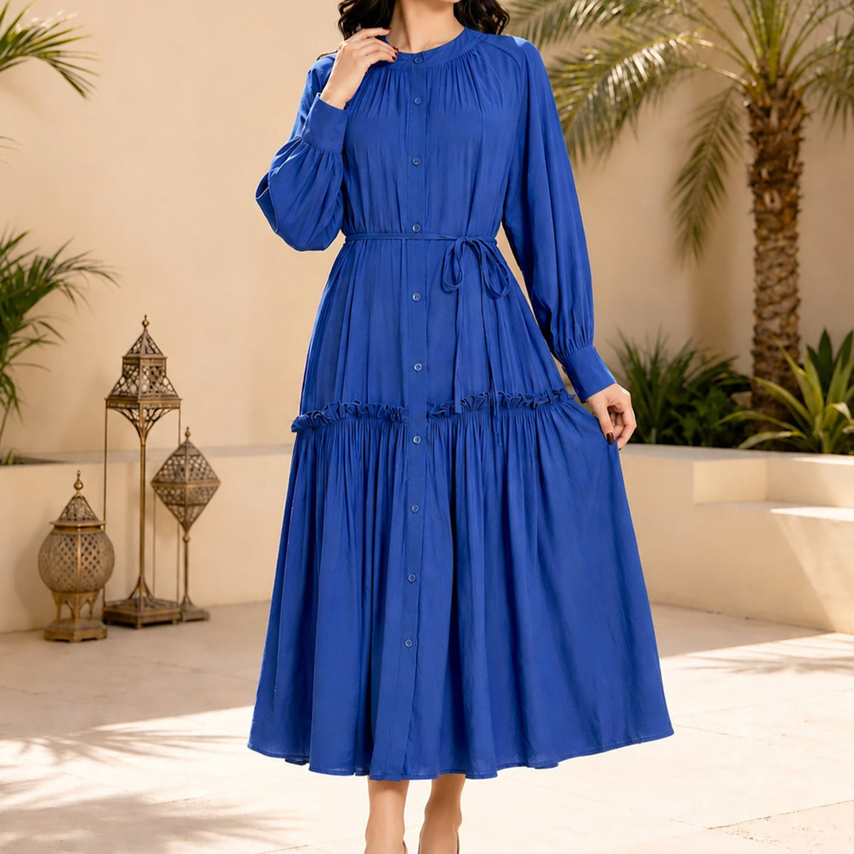 Side profile of everyday abaya with graceful flared silhouette