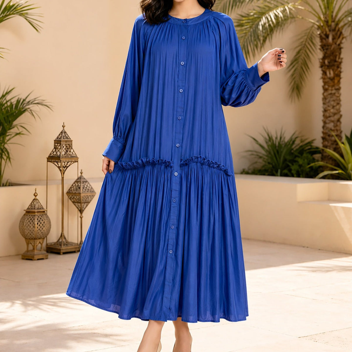 Full-length view of tie-waist maxi abaya in solid colour