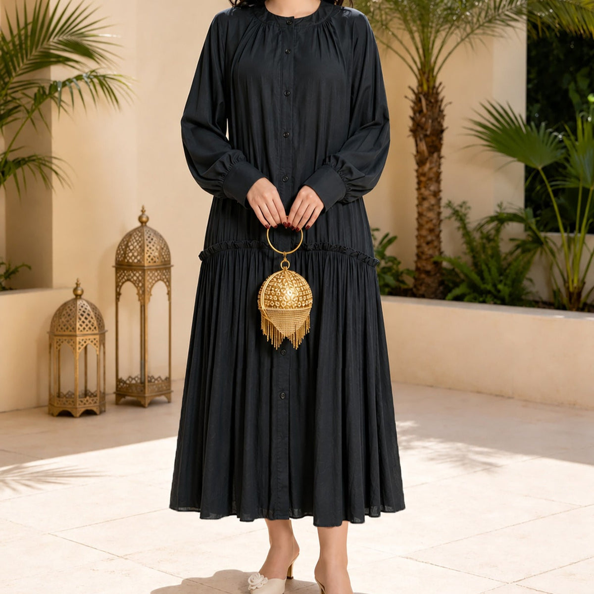 Sleeve and cuff detail on modest flared abaya
