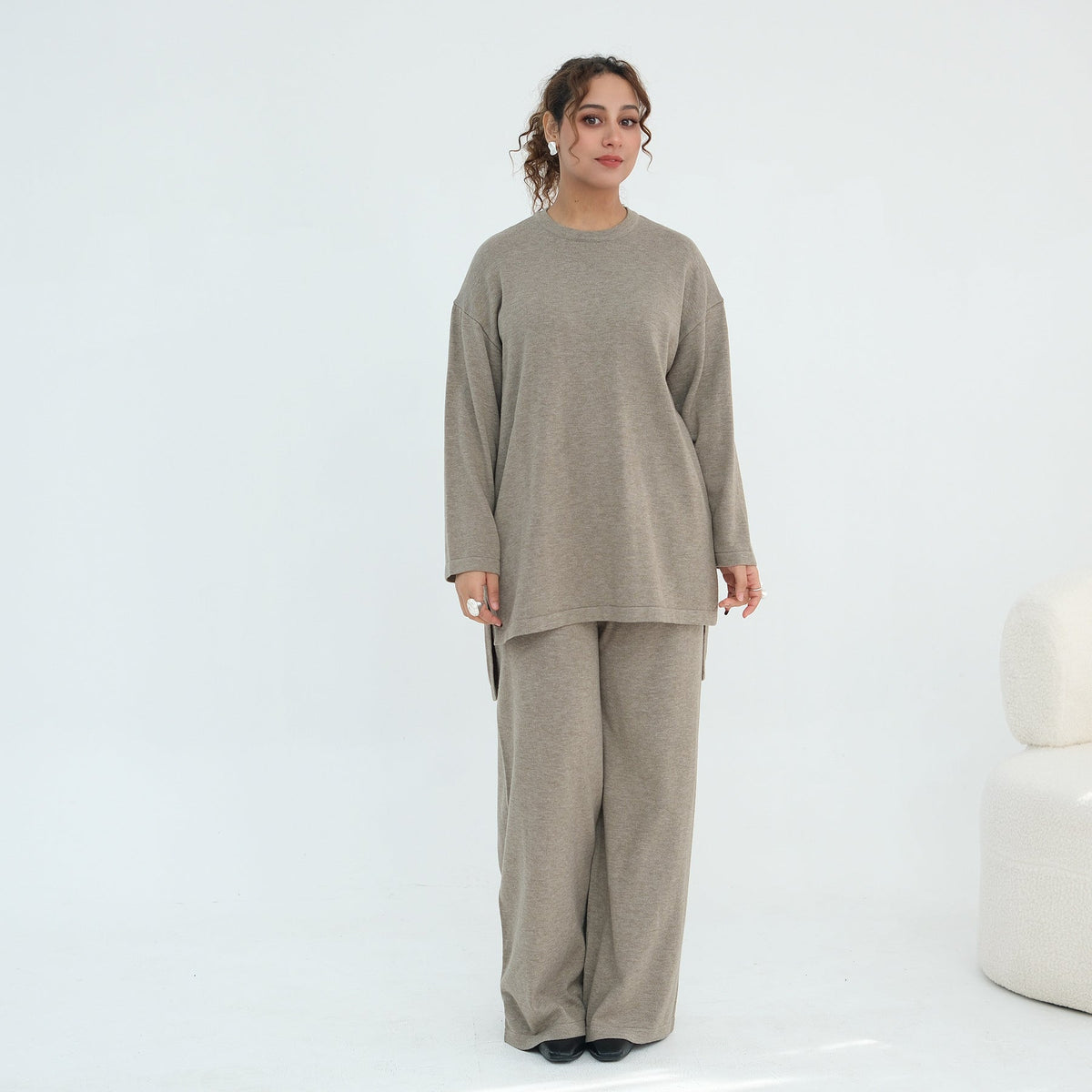 Back view of modest knit co-ord outfit