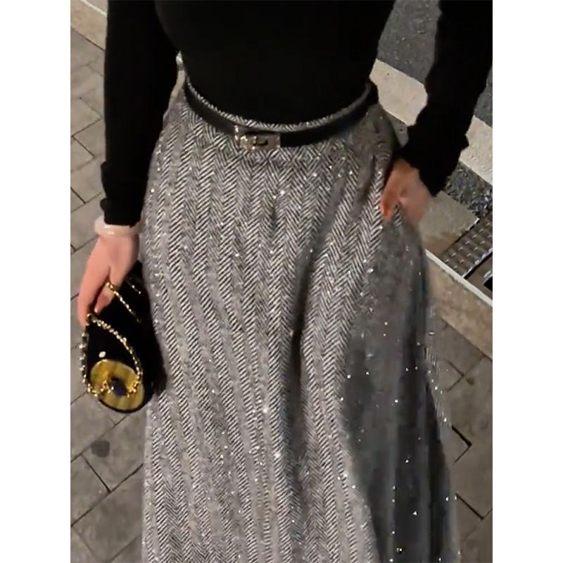 Sparkle Tweed Midi Skirt with Pockets | High - Waist A - Line Herringbone Skirt(MS203) - Mariam's Collection
