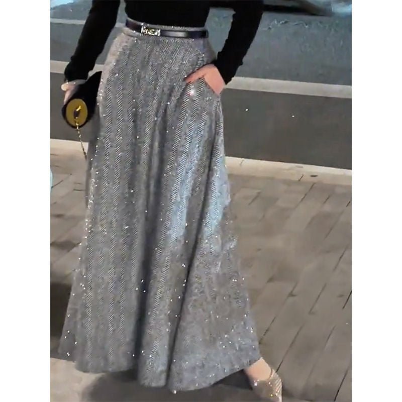 Sparkle Tweed Midi Skirt with Pockets | High - Waist A - Line Herringbone Skirt(MS203) - Mariam's Collection