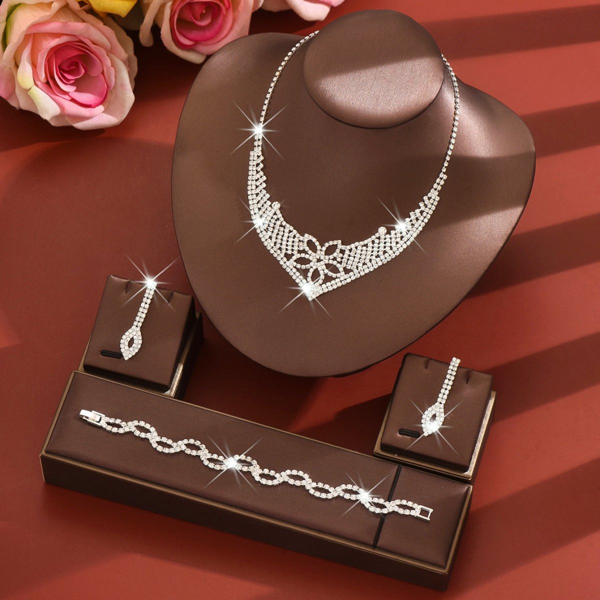 Sparkling Rhinestone Trio Earrings Necklace Bracelet Collection (MAC315) - Mariam's Collection