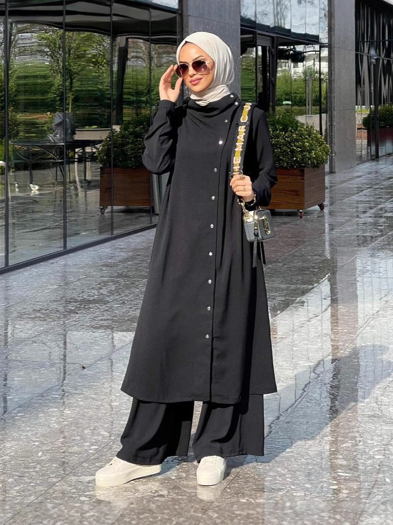 Spring and Autumn Modest Two - Piece Set - Long Sleeve Shirt & Wide - Leg Pants with Silver Buttons(MS105) - Mariam's Collection