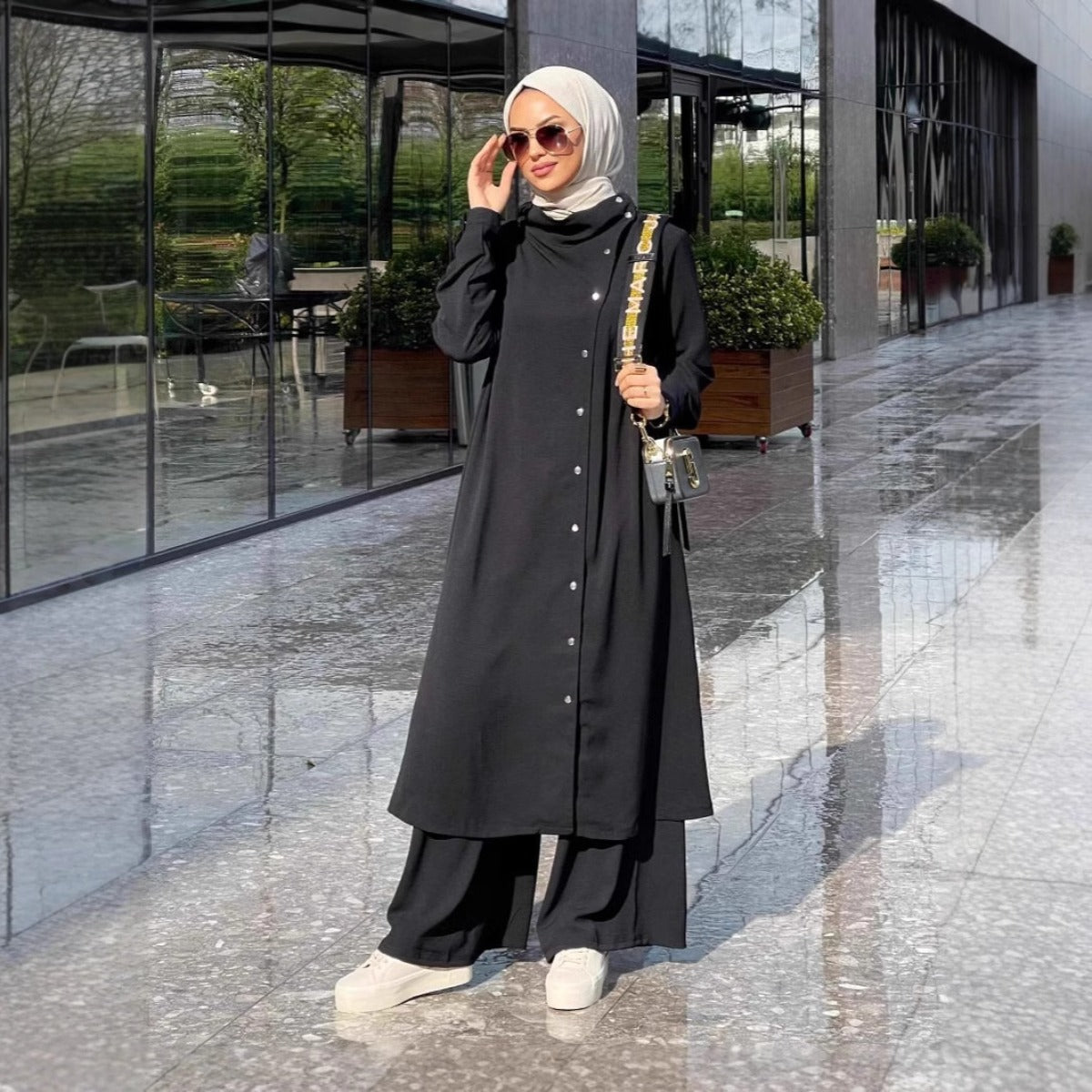 Spring and Autumn Modest Two - Piece Set - Long Sleeve Shirt & Wide - Leg Pants with Silver Buttons(MS105) - Mariam's Collection