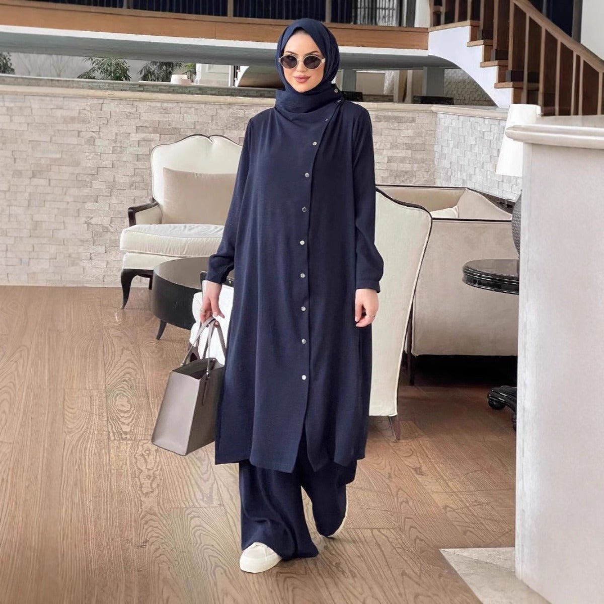 Spring and Autumn Modest Two - Piece Set - Long Sleeve Shirt & Wide - Leg Pants with Silver Buttons(MS105) - Mariam's Collection