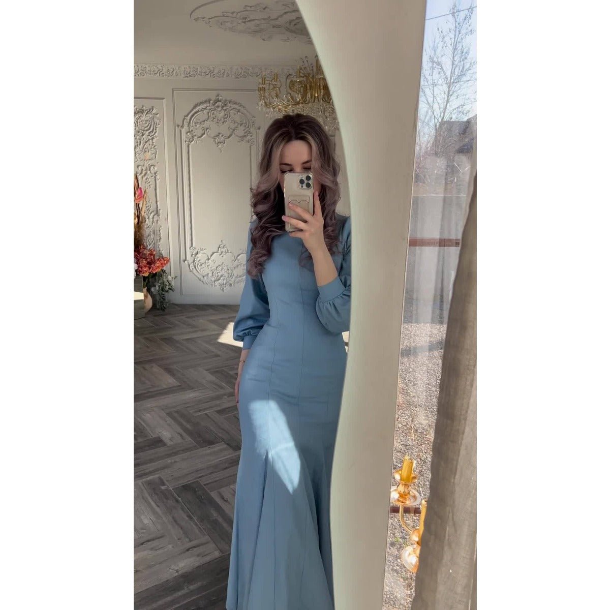 Spring Elegant Court - Style Long Sleeve Blue Chiffon Mermaid Dress Abaya. (MA222) - Mariam's Collection