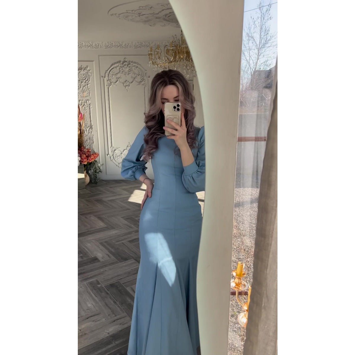 Spring Elegant Court - Style Long Sleeve Blue Chiffon Mermaid Dress Abaya. (MA222) - Mariam's Collection