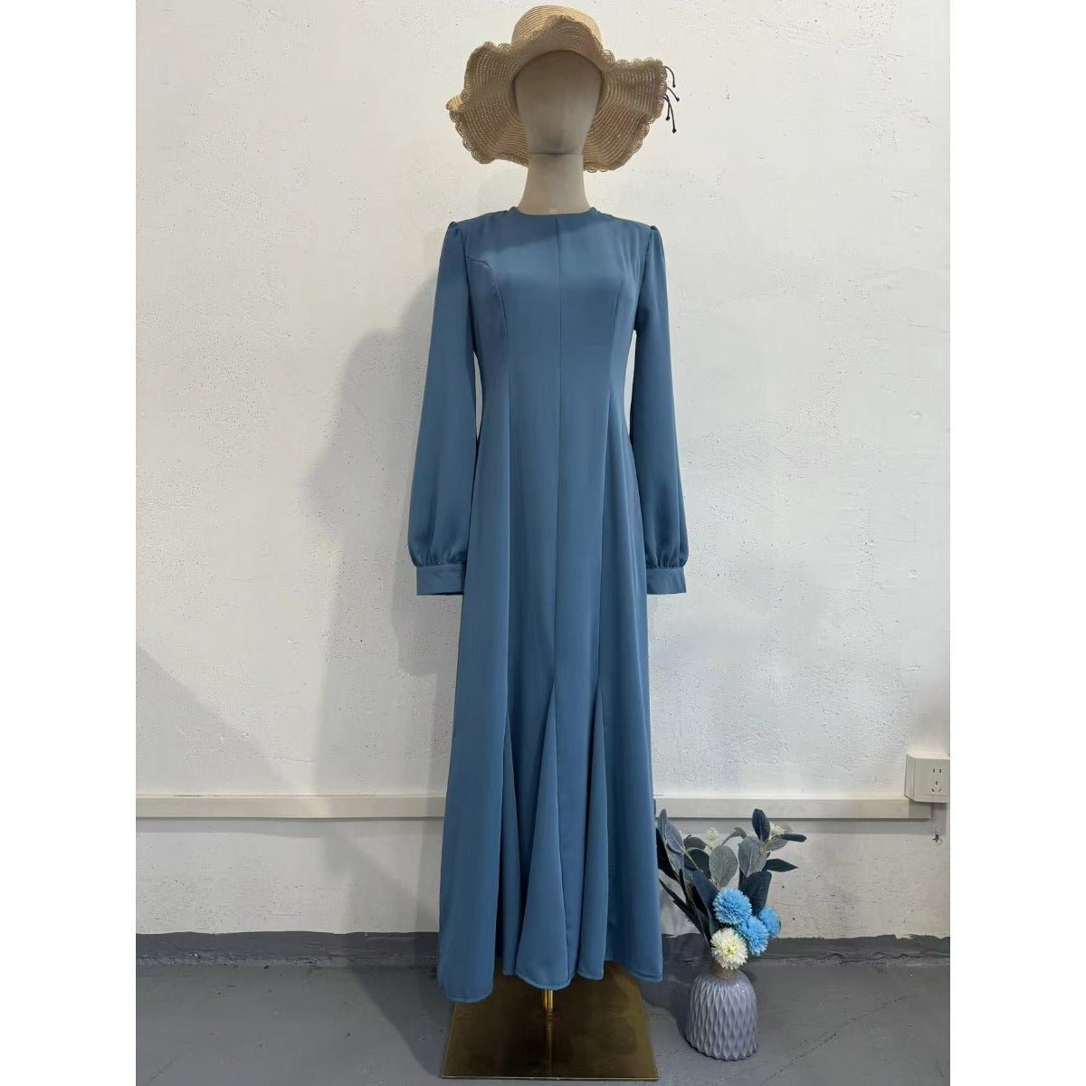 Spring Elegant Court - Style Long Sleeve Blue Chiffon Mermaid Dress Abaya. (MA222) - Mariam's Collection