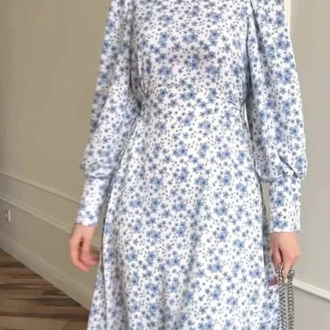 Spring Floral Satin Maxi Dress | High Neck Puff Sleeve Dress with Adjustable Waist Tie - Blue & White Botanical Print (MA236) - Mariam's Collection