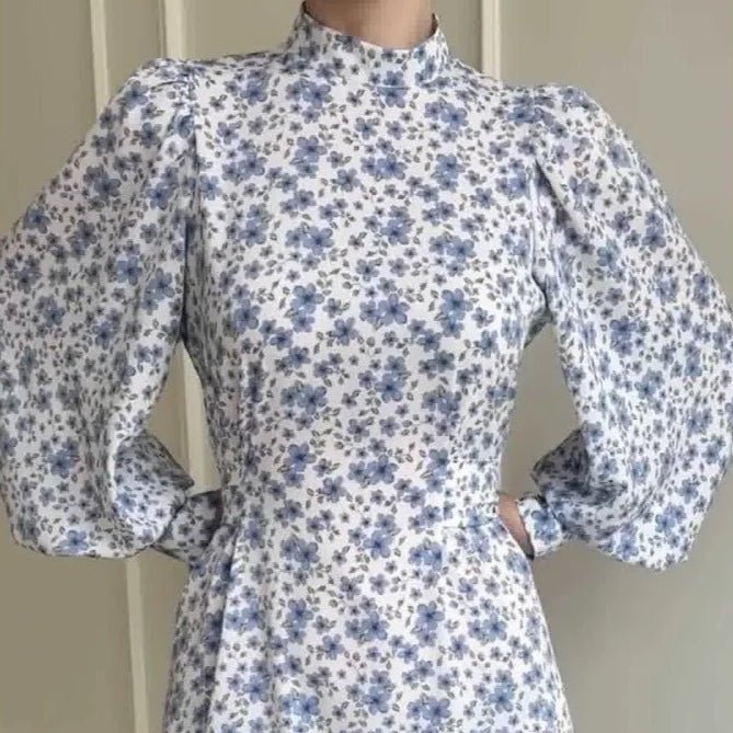 Spring Floral Satin Maxi Dress | High Neck Puff Sleeve Dress with Adjustable Waist Tie - Blue & White Botanical Print (MA236) - Mariam's Collection