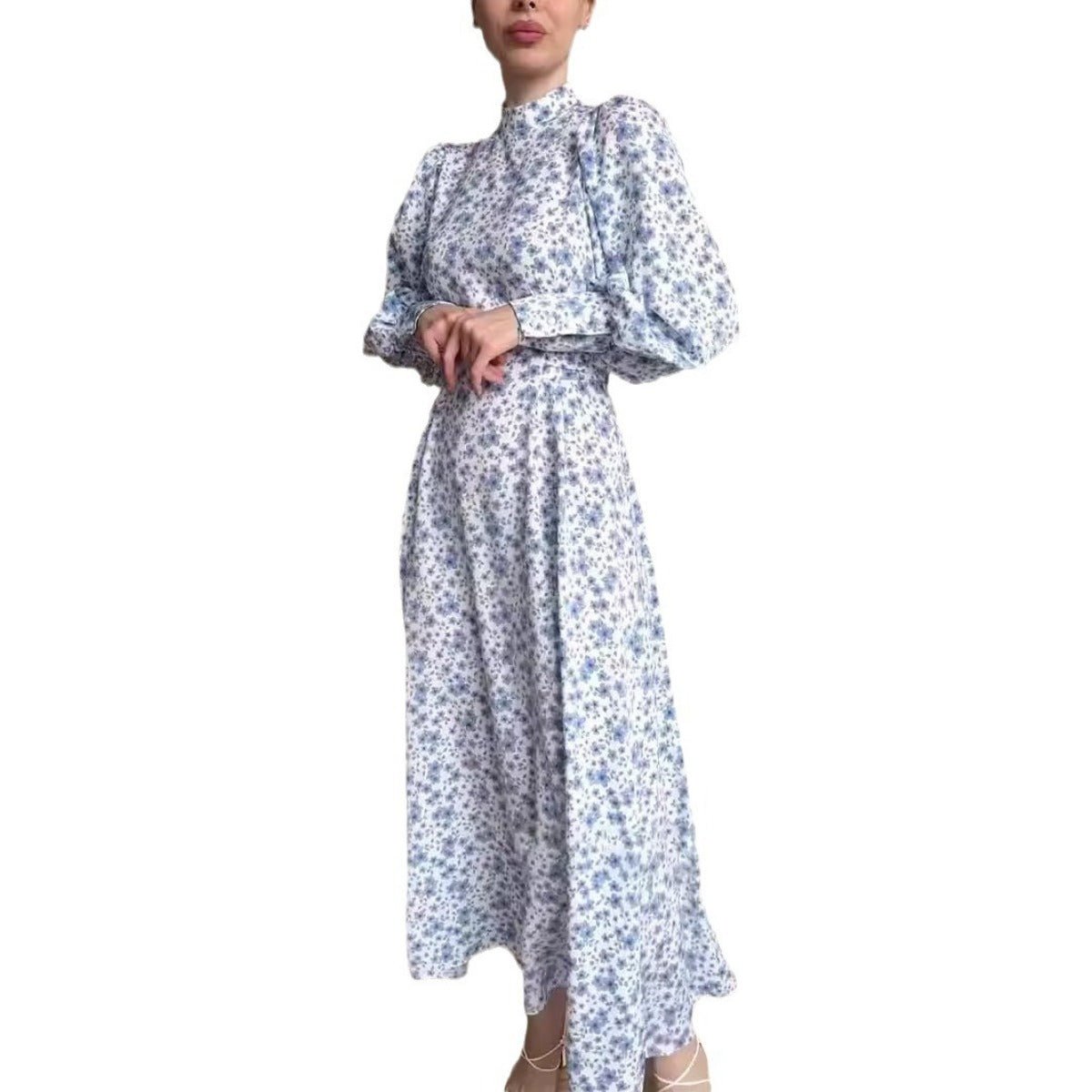 Spring Floral Satin Maxi Dress | High Neck Puff Sleeve Dress with Adjustable Waist Tie - Blue & White Botanical Print. (MA236) - Mariam's Collection