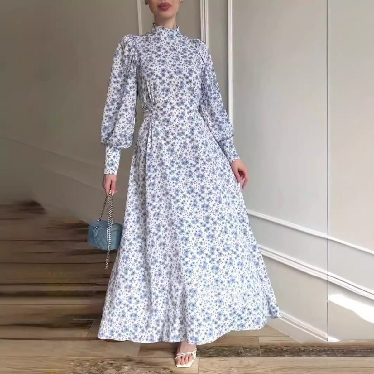 Spring Floral Satin Maxi Dress | High Neck Puff Sleeve Dress with Adjustable Waist Tie - Blue & White Botanical Print. (MA236) - Mariam's Collection
