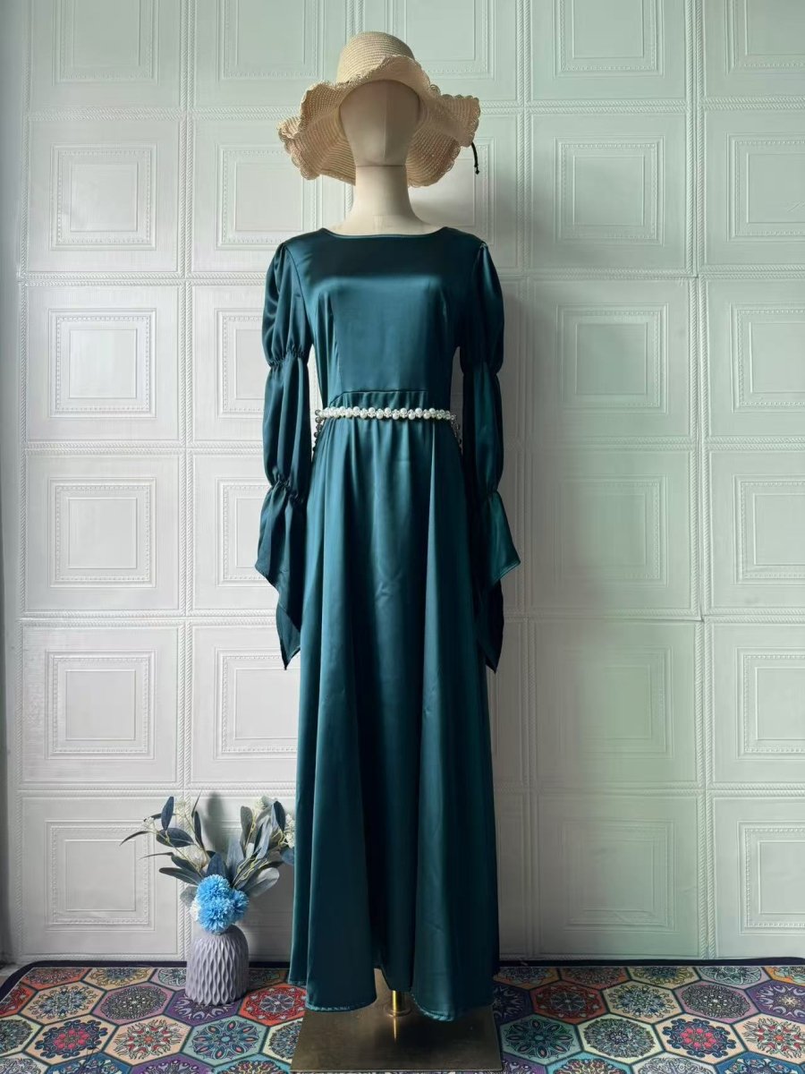 Spring Luxury Slim - Fit Long Sleeve Dress Abaya with Pearl Waist Chain & Bell Sleeves. (MA217) - Mariam's Collection