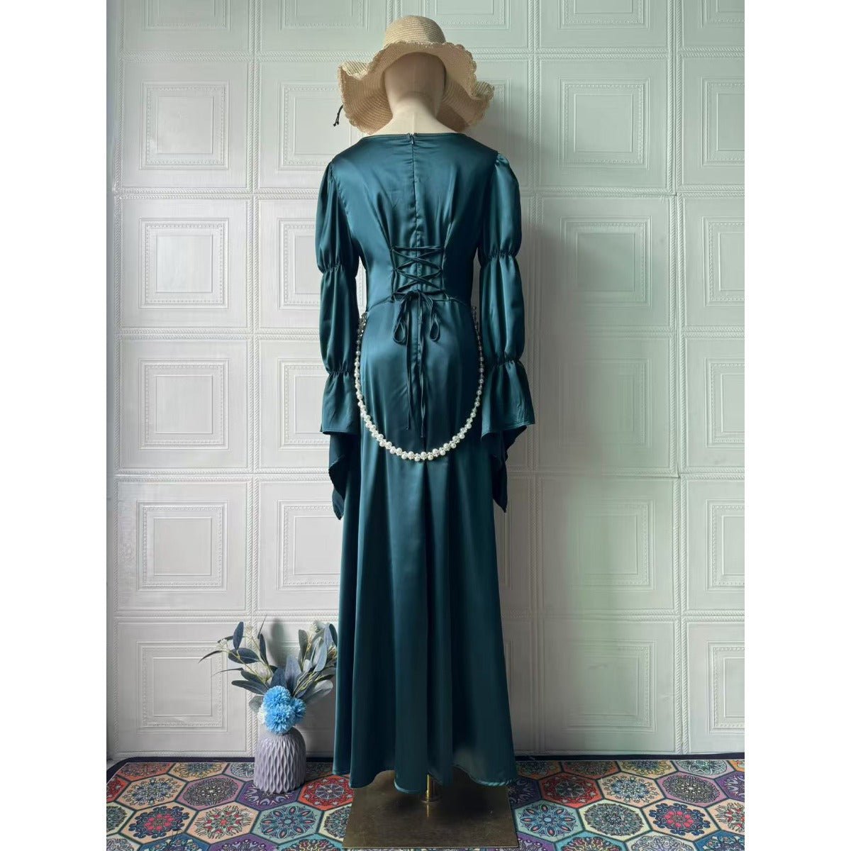 Spring Luxury Slim - Fit Long Sleeve Dress Abaya with Pearl Waist Chain & Bell Sleeves. (MA217) - Mariam's Collection