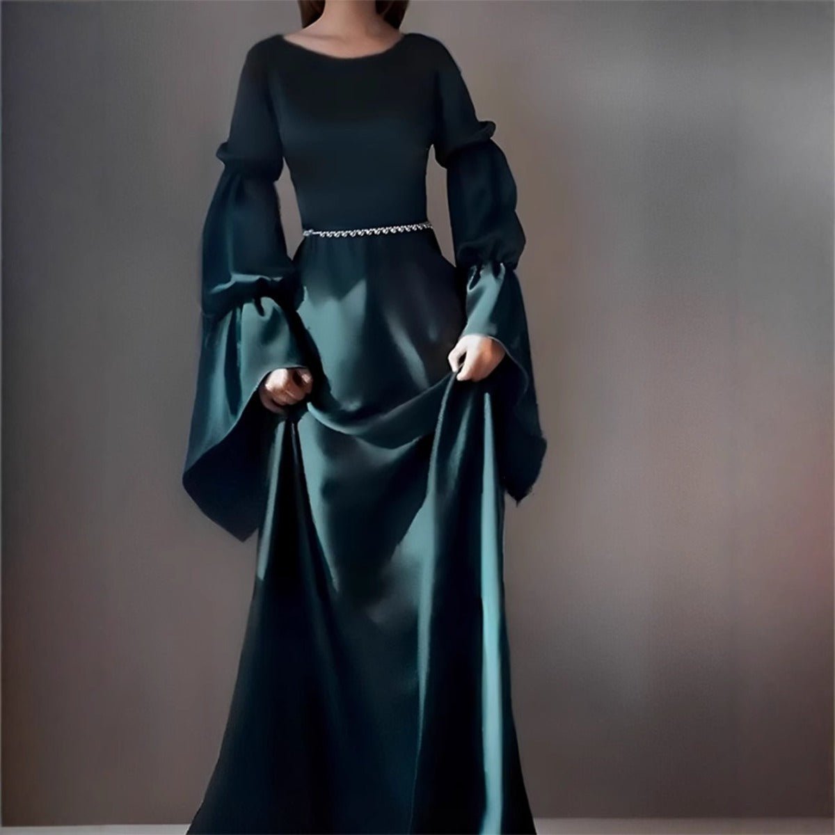 Luxury Slim-Fit Long Sleeve Dress Abaya | Emerald Green Maxi Dress (MA217)