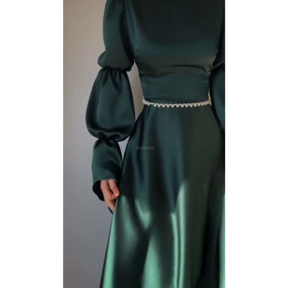 Spring Luxury Slim - Fit Long Sleeve Dress Abaya with Pearl Waist Chain & Bell Sleeves. (MA217) - Mariam's Collection