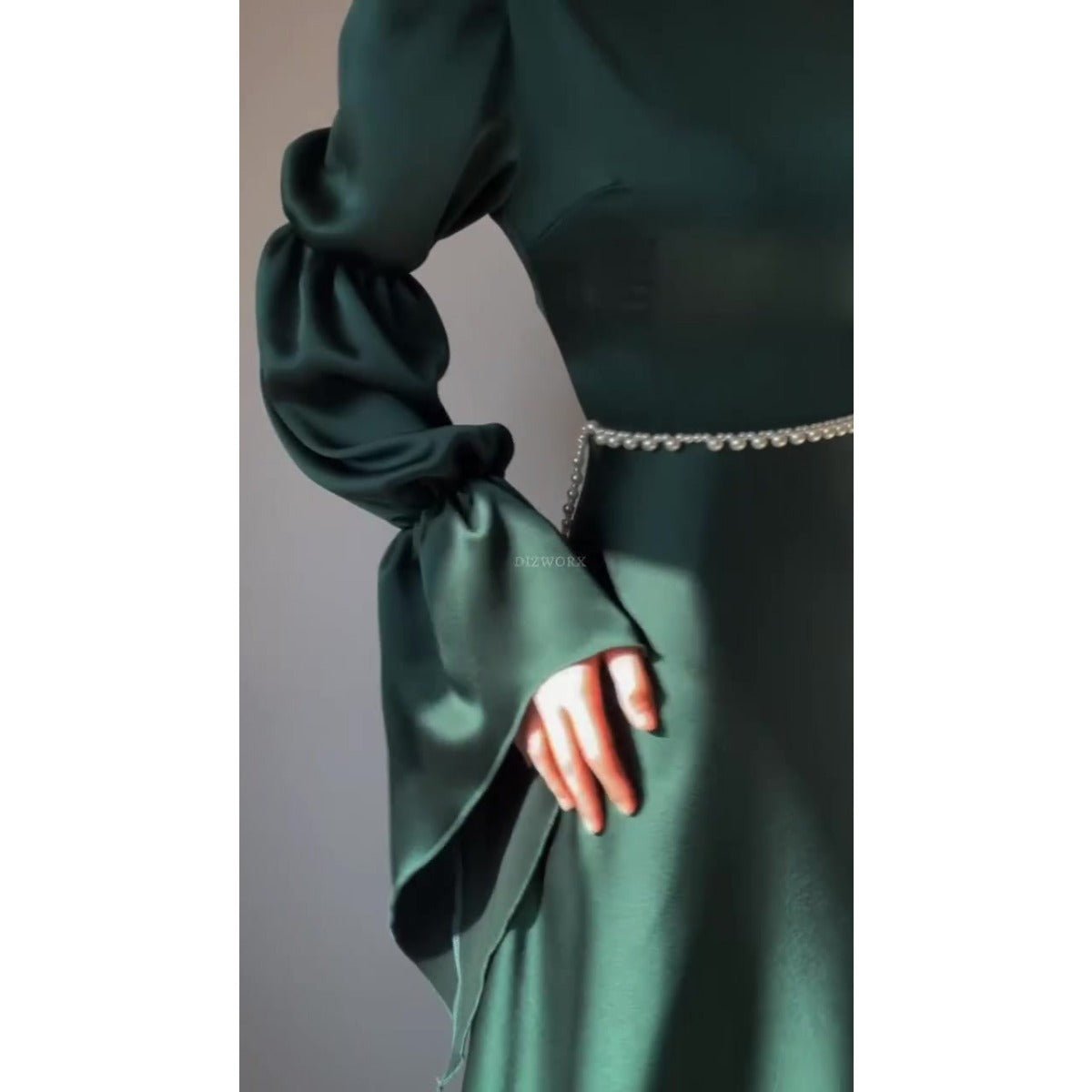 Spring Luxury Slim - Fit Long Sleeve Dress Abaya with Pearl Waist Chain & Bell Sleeves. (MA217) - Mariam's Collection