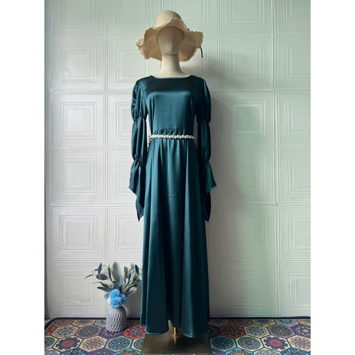 Spring Luxury Slim - Fit Long Sleeve Dress Abaya with Pearl Waist Chain & Bell Sleeves. (MA217) - Mariam's Collection