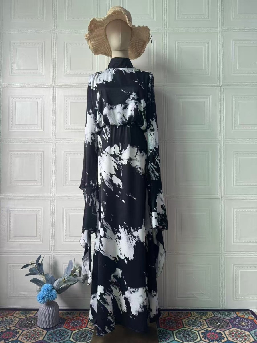 Spring Slim - Fit Lace - Up Satin Print Irregular Design Long Dress. (MA162) - Mariam's Collection