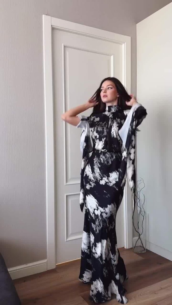 Spring Slim - Fit Lace - Up Satin Print Irregular Design Long Dress. (MA162) - Mariam's Collection