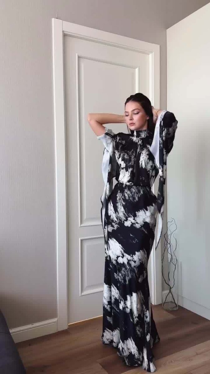 Spring Slim - Fit Lace - Up Satin Print Irregular Design Long Dress. (MA162) - Mariam's Collection