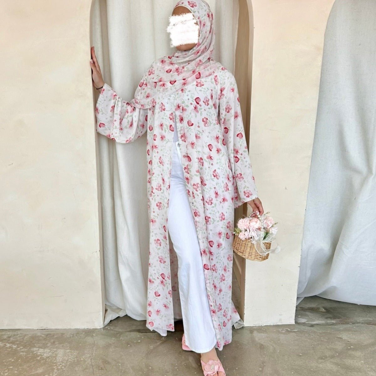 Spring Summer Floral Print Chiffon Cardigan | Double - Layer Modest Cover - Up Abaya. (MOA170) - Mariam's Collection