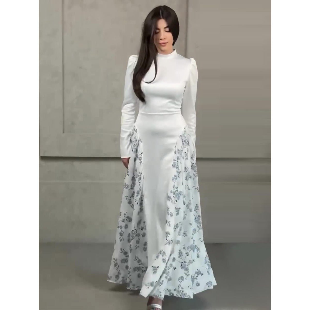 Spring Temperament Black Maxi Dress And Elegant High Neck Long Sleeve Dress with Floral Accent. (MA220) - Mariam's Collection