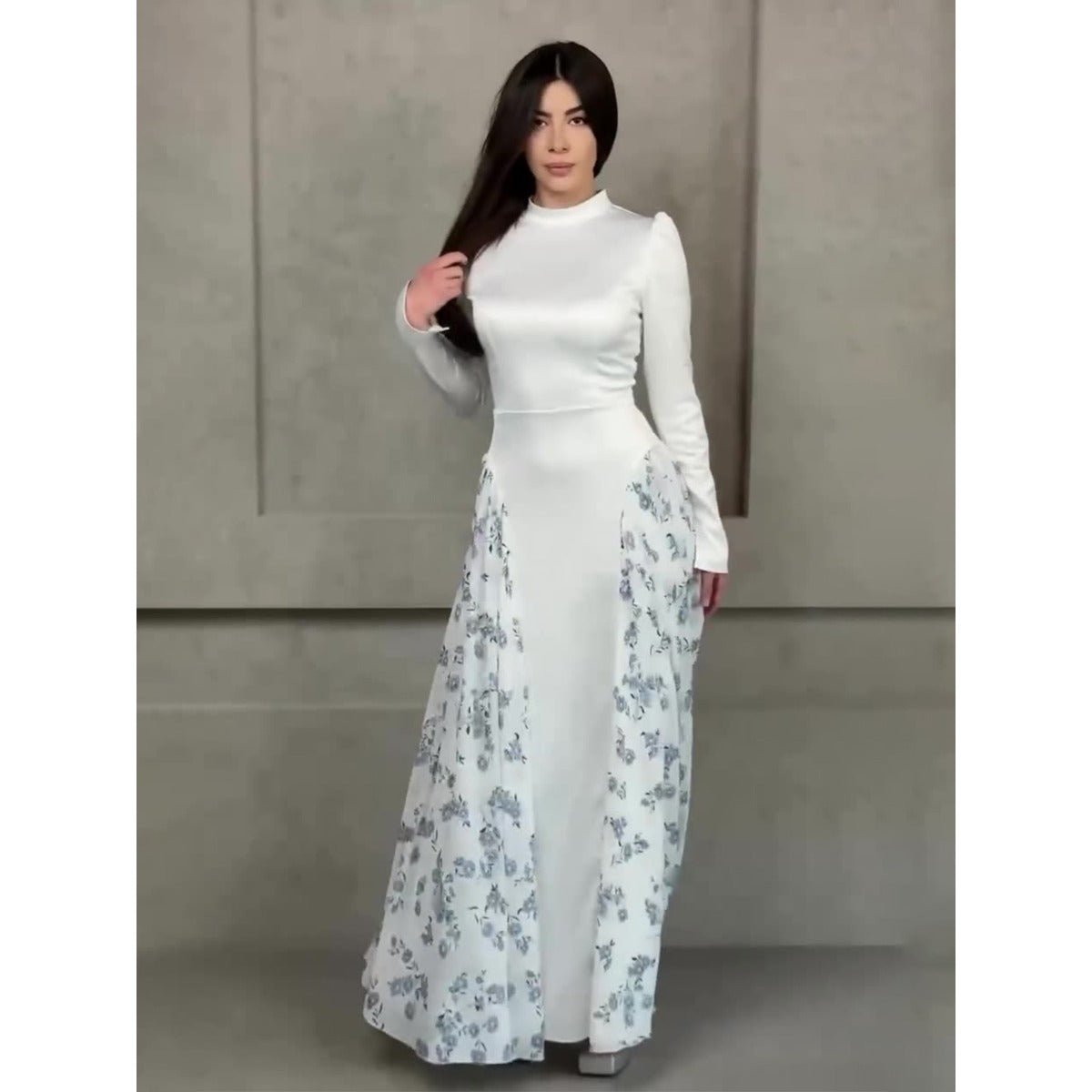 Spring Temperament Black Maxi Dress And Elegant High Neck Long Sleeve Dress with Floral Accent. (MA220) - Mariam's Collection